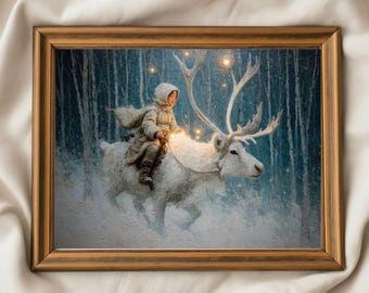 Magical Reindeer Rider Art Print, Nordic Winter Fantasy Painting, Whimsical Christmas Wall Art, Fairytale Forest Decor, Gift for Dreamers