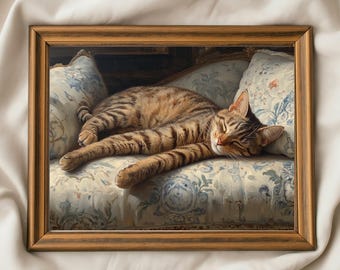 Sleeping Cat Art Print, Cozy Tabby Cat Painting, Farmhouse Feline Wall Art, Vintage Aesthetic Whimsical Cottagecore Print for Cat Lovers