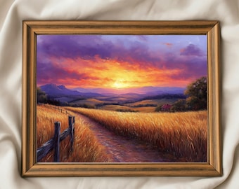 風景画 額装品　夕焼けの田園 綺麗な夕日　段ボール箱付き 作者不詳 夕焼けの田園風景画：印象派の風景画 - Etsy 日本