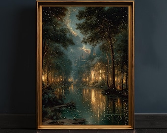 Può includere: Una stampa artistica da parete incorniciata che raffigura una scena di foresta oscura di notte con un castello luminoso in lontananza, un fiume calmo che riflette luci dorate e numerose piccole lucciole scintillanti tra gli alberi.