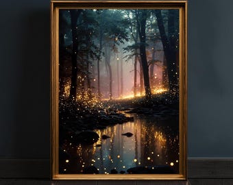 Fireflies in Enchanted Forest Print, Dark Mystical Woodlands Cottagecore Wall Art