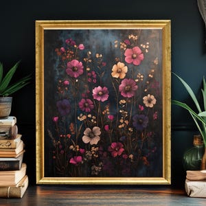 Impressão artística de flores silvestres temperamentais: Jardim Botânico Dark Cottagecore