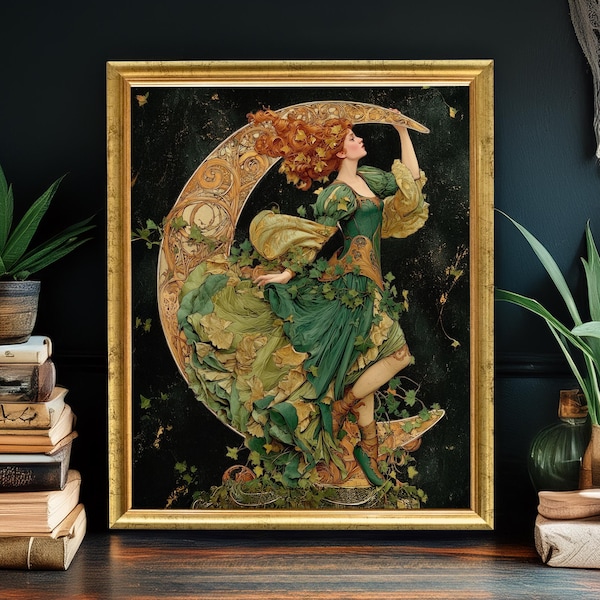 Art Nouveau Moon Goddess Print, Moody Whimsical Celestial Wall Art, Green Fairycore Decor Vintage-Inspired Mystical Fantasy Canvas Art Print