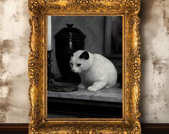 Moody Cat stillevenprint, gotische witte kat zwarte vaaskunst, op vreemde voorwerpen geïnspireerde muurdecoratie, macabere surrealistische dierenschilderij met donkere esthetiek