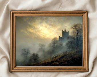 Misty Castle on the Heath landschapsprint, gotische cottagecore muurkunst, spookhuis in mist, humeurig romantisch decor, donkere academische kunstafdruk