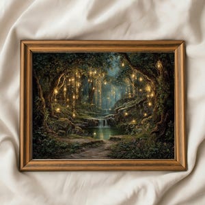 Enchanted Forest Waterfall Art Print, Magical Fairy Lights Woodland Wall Art, Mystical Nature Landscape, Fantasy Forest Home Decor
