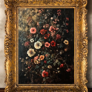 Moody Dark Floral Art Print, Vintage Baroque Flower Wall Decor, Moody Botanical Framed Canvas Print, Dark Academia Romantic Old World Floral