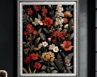 Dunkle botanische Blumen Illustration - Vintage inspirierte Wildblumen Wanddekoration, Boho stimmungsvolles dunkles Cottagecore Garten Poster, elegantes Natur Kunstwerk