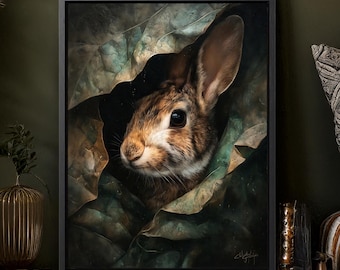 Whimsical Rabbit Art Print, Woodland Bunny Wall Art, Cozy Cottagecore Animal Painting, Rustic Forest Art