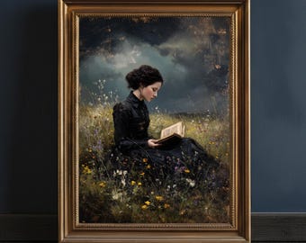 May include: A framed artwork depicts a woman in a black dress reading a book in a field of wildflowers. The painting has a gold frame and is set against a dark blue wall and dark wood floor.