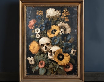 May include: A framed artwork featuring a still life of skulls and flowers. The painting has a dark background with a gold frame. The flowers are in shades of yellow, white, blue, and pink. The skulls are white.