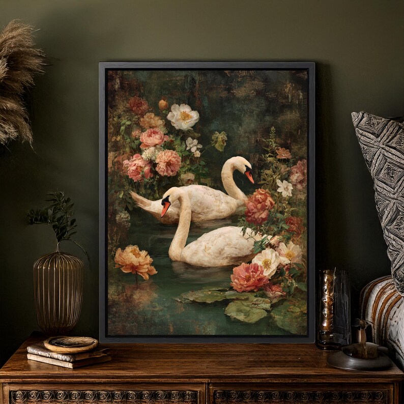 Engween Art Romantic Swan Couple Art Print, Cottagecore Lake Painting, Vintage ...