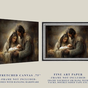 May include: A religious artwork depicting a family scene. The image shows a man and woman gazing at a baby. The artwork is available as a stretched canvas or fine art paper.