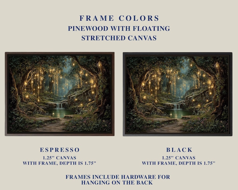 Impresión artística de cascada de bosque encantado, arte mural de bosque con luces de hadas mágicas, paisaje natural místico, decoración del hogar con bosque de fantasía imagen 11