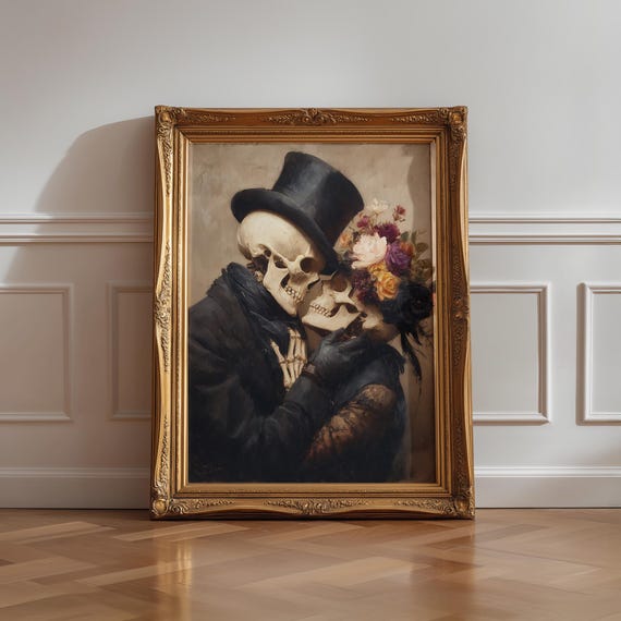 Skeleton Lovers Art Print, Gothic Romance Wall Art, Victorian Valentine Couple Painting, Dark Academia Home Decor, Macabre Love Artwork