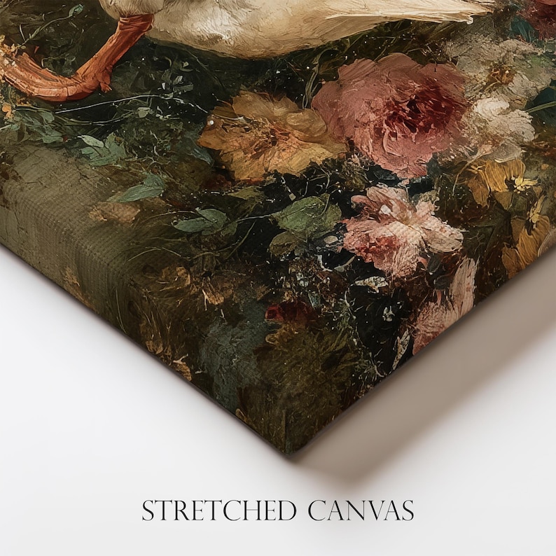 May include: A stretched canvas print featuring a detail of a classical painting. The artwork depicts a white bird with a reddish-orange leg amidst a lush arrangement of pink, yellow, and white flowers and green foliage. The text "STRETCHED CANVAS" is printed at the bottom.