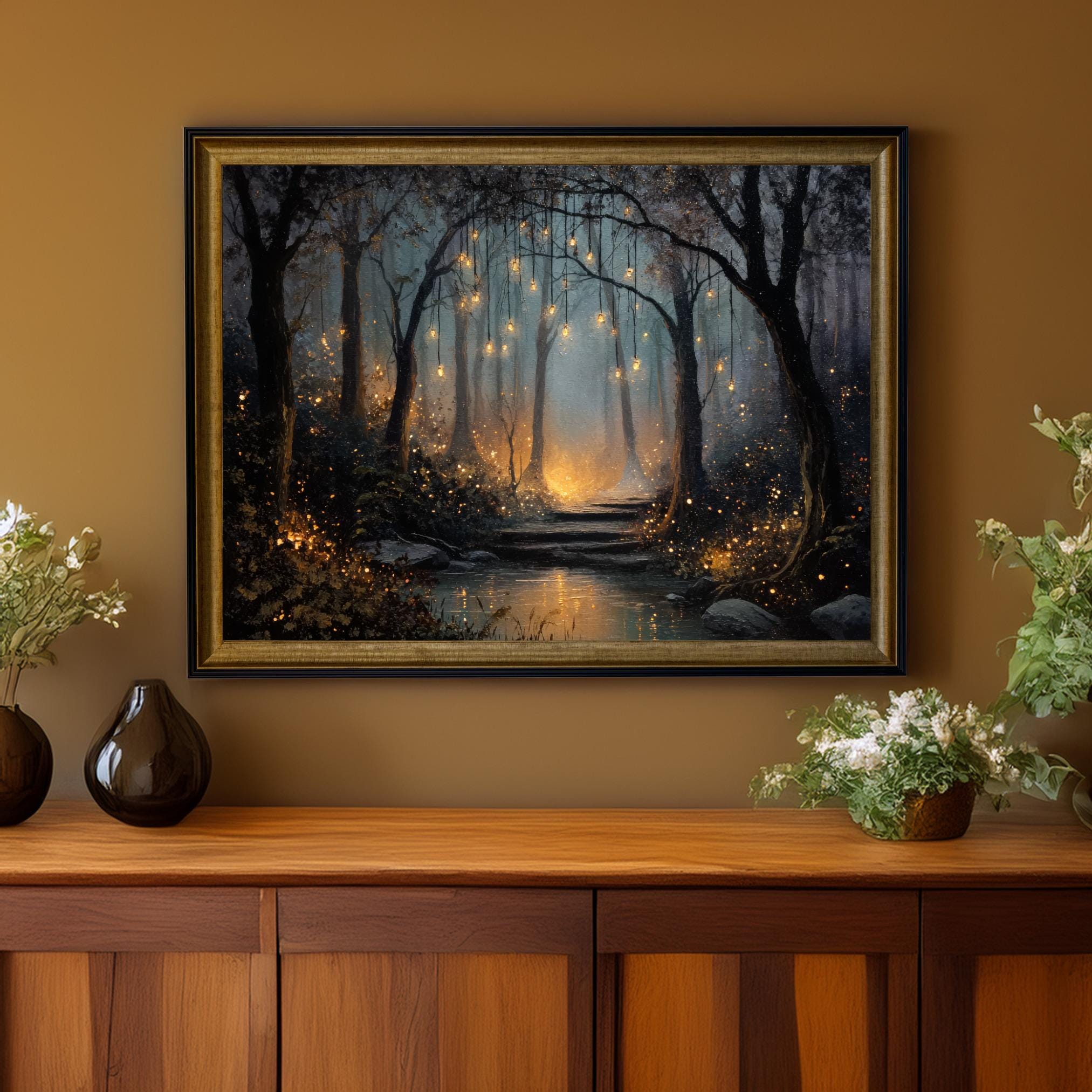 Enchanted Forest Art Print, Glowing Woodland Path, Magical Night ...