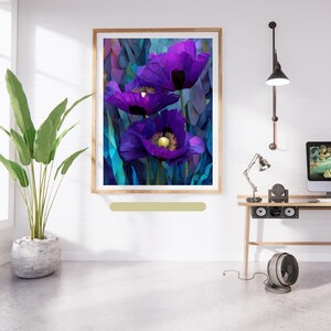 May include: A framed art print featuring three vibrant purple poppy flowers with yellow centers against a blue and teal background. The artwork is displayed in a light-colored wooden frame, adding a touch of nature to the room's decor.