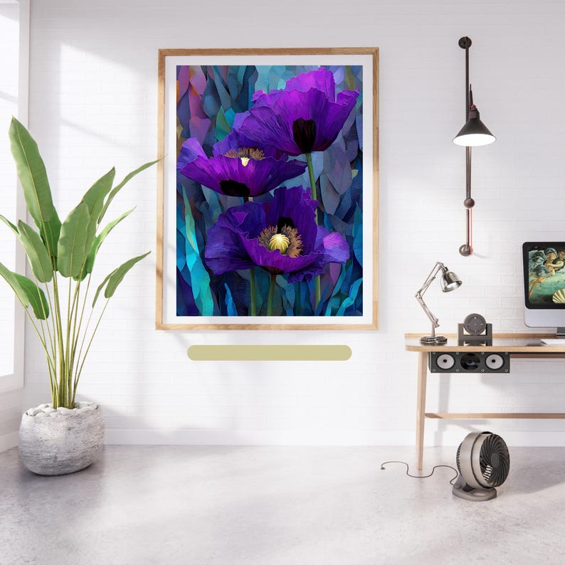May include: A framed art print featuring three vibrant purple poppy flowers with yellow centers against a blue and teal background. The artwork is displayed in a light-colored wooden frame, adding a touch of nature to the room's decor.