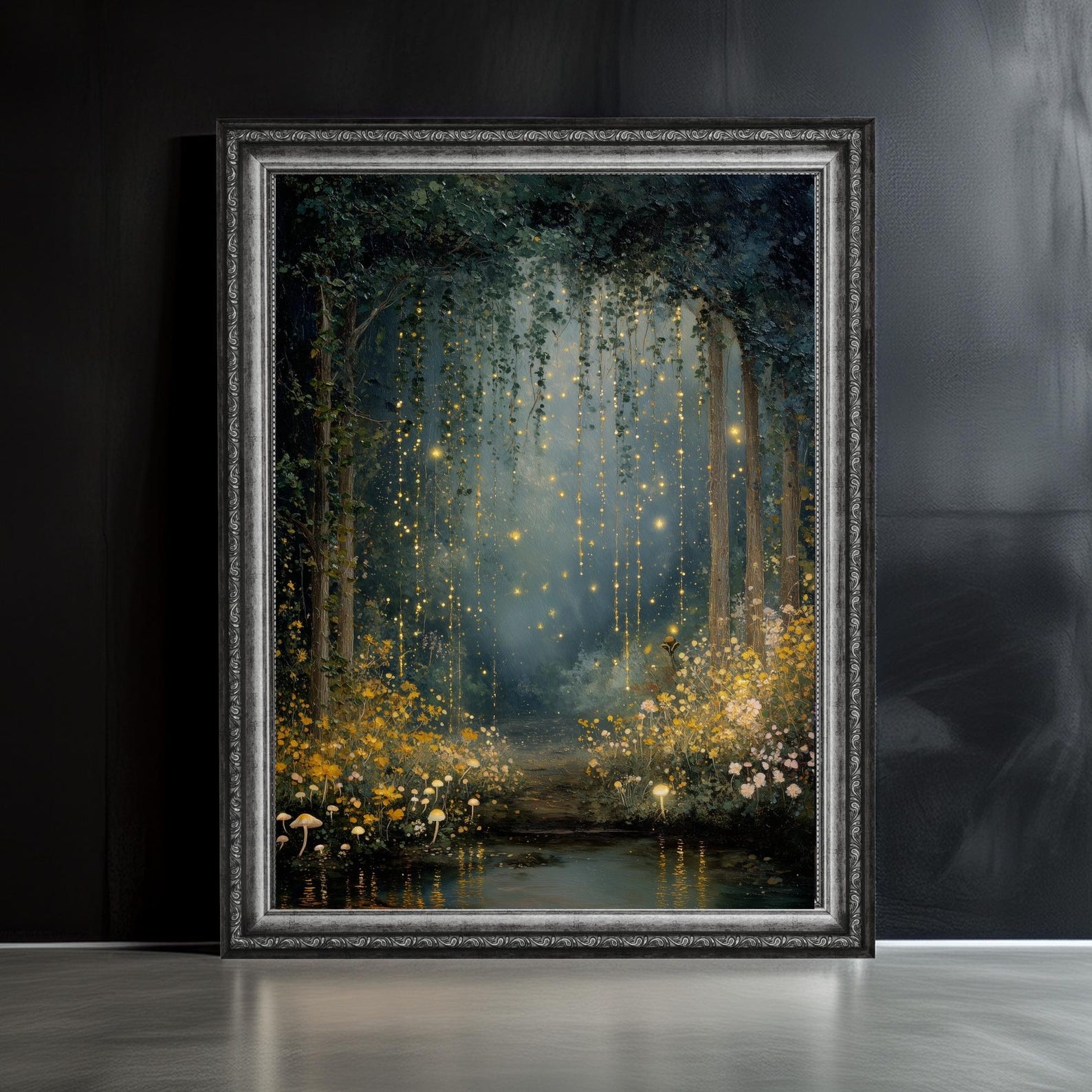 Enchanted Forest Art Print, Firefly Night Painting, Mystical Woodland ...