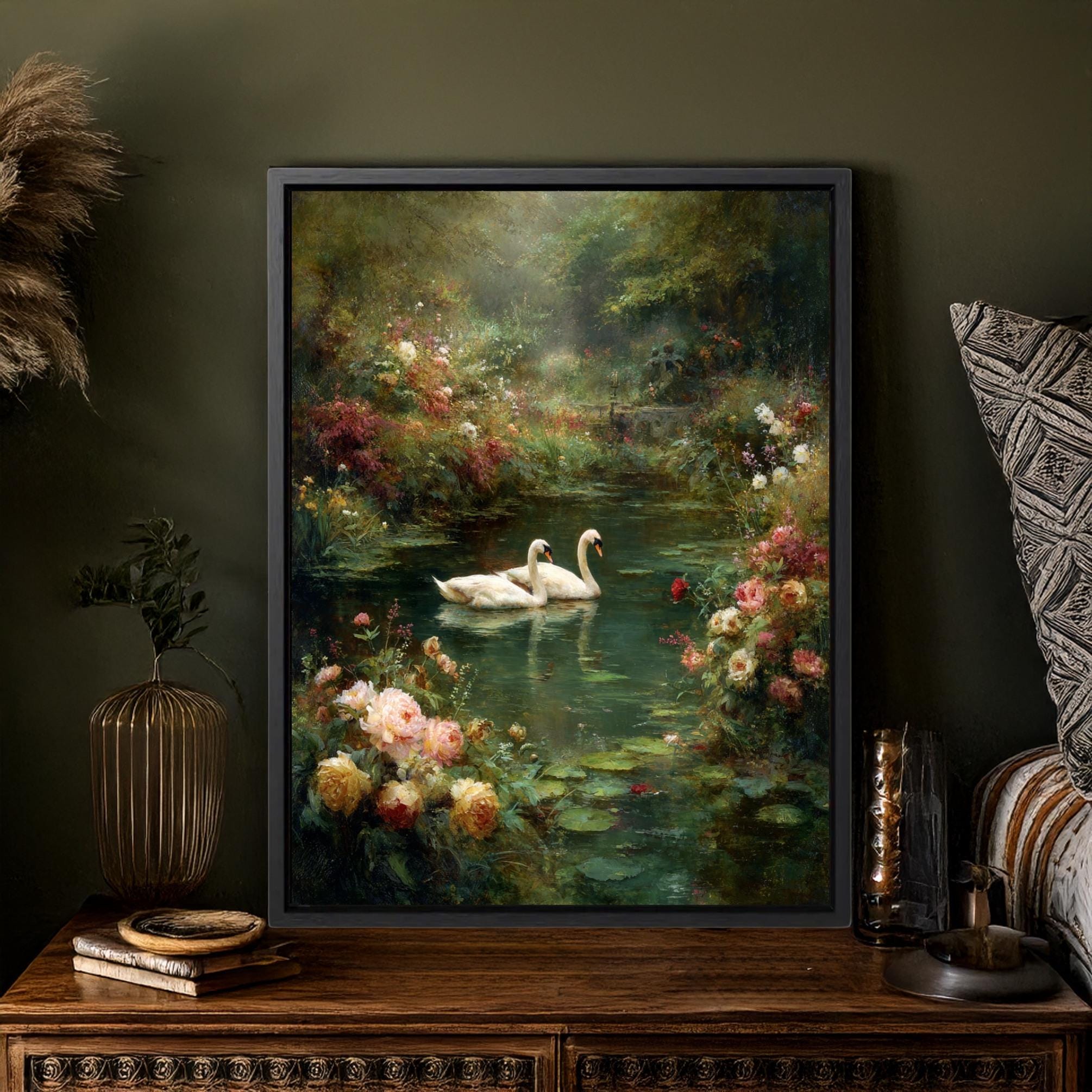 Engween Art Romantic Swan Couple Art Print, Cottagecore Lake Painting, Vintage ...