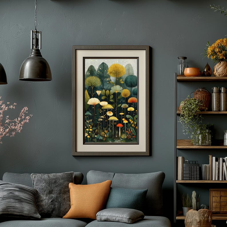 May include: A framed art print depicting a fantastical forest with vibrant mushrooms and stylized trees in yellow, orange, and green hues. The artwork is displayed in a living room with a grey sofa and decorative elements.