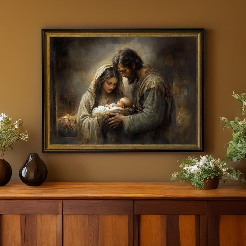 May include: A framed painting depicts a tender scene of the Holy Family. Mary and Joseph gaze lovingly at the baby Jesus, cradled in a manger. The artwork features soft colors and a warm, inviting atmosphere, perfect for religious home decor.