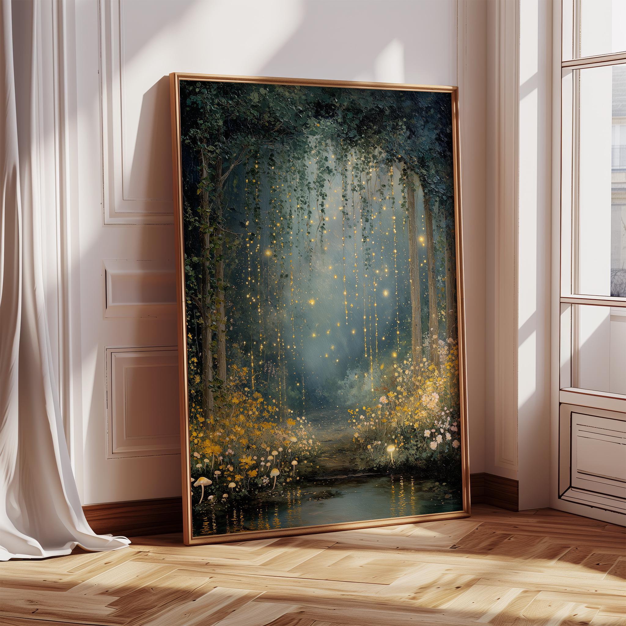 Enchanted Forest Art Print, Firefly Night Painting, Mystical Woodland ...