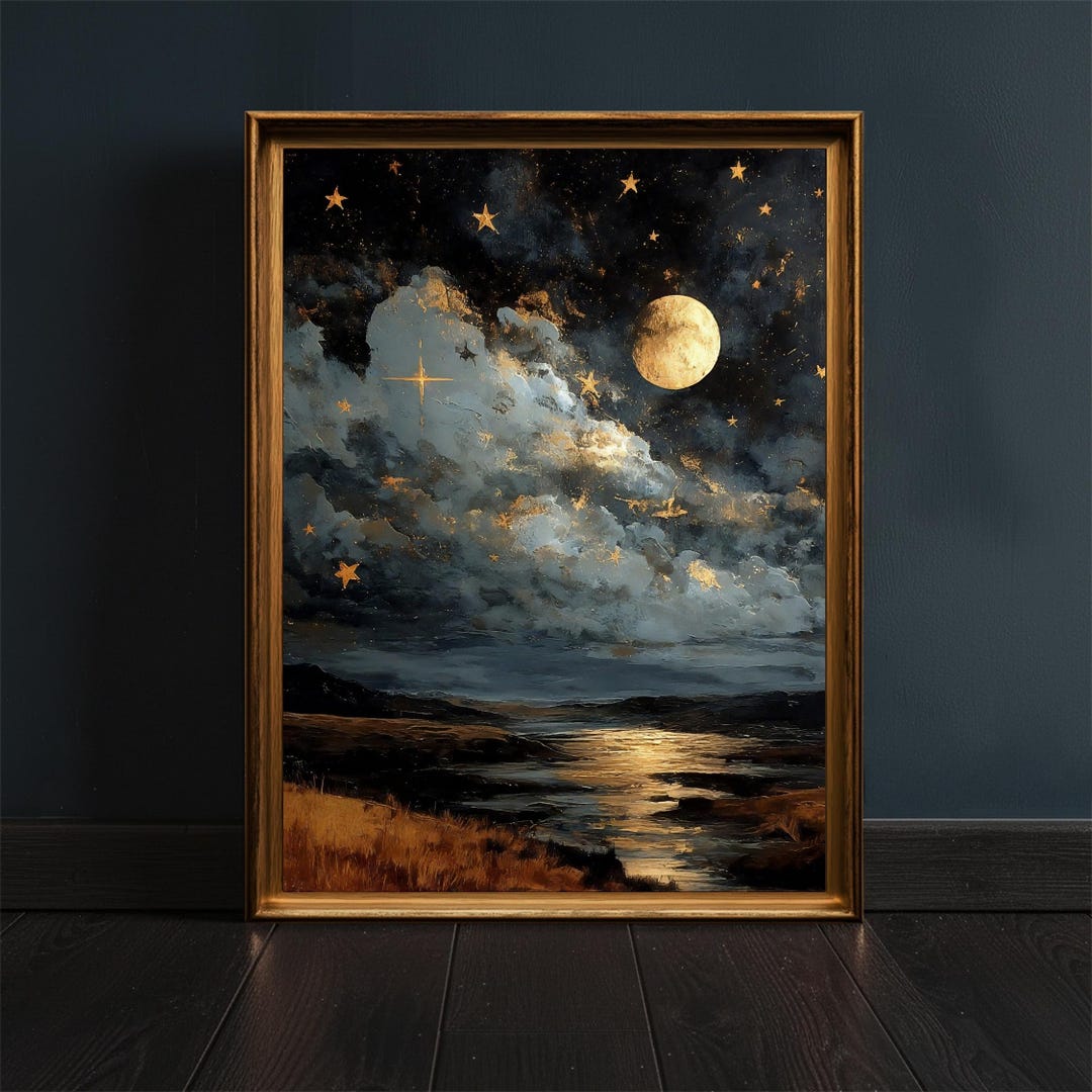 Golden Moon Lake Print: Gothic Celestial Night Sky Wall Art, Moody ...