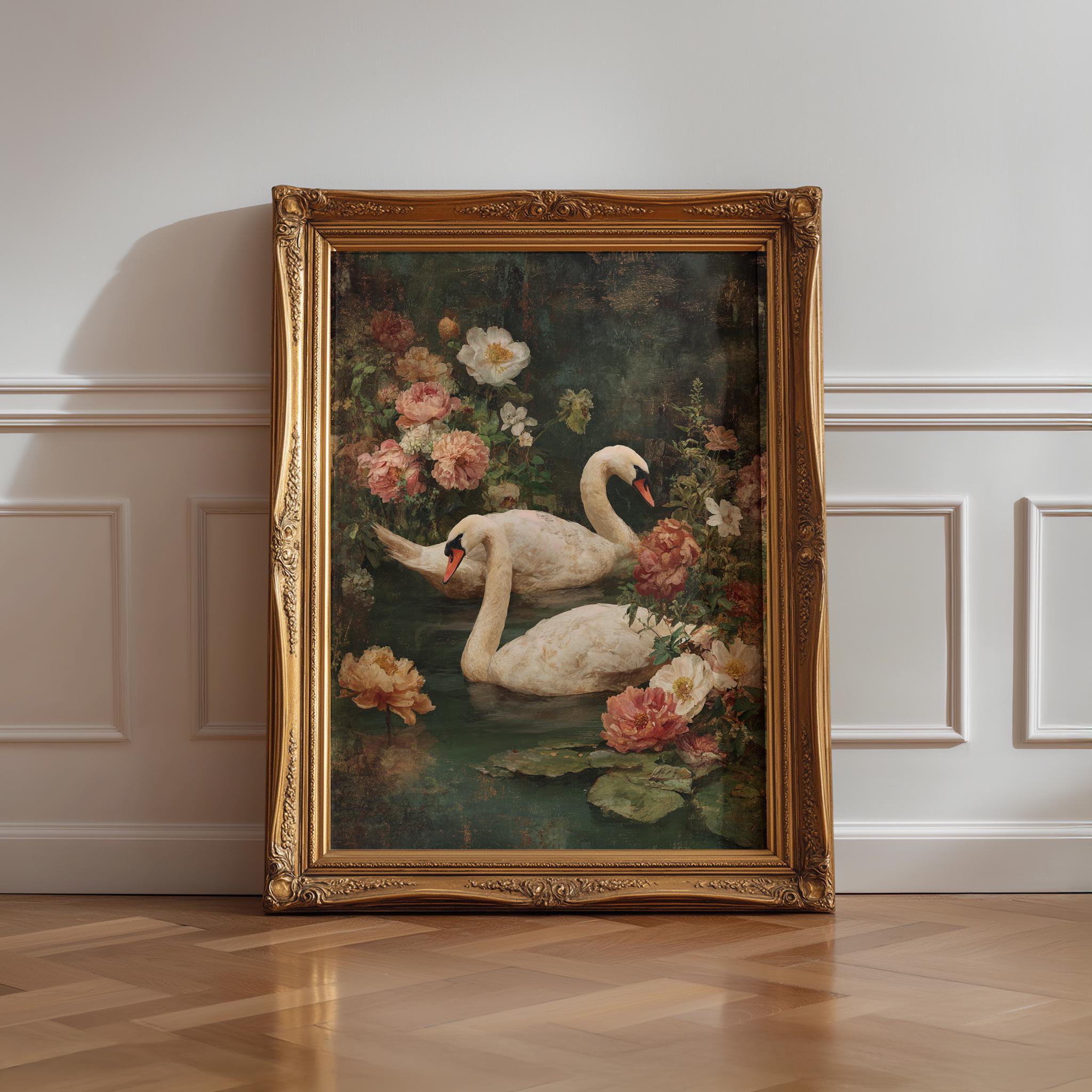 Engween Art Romantic Swan Couple Art Print, Cottagecore Lake Painting, Vintage ...