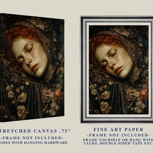 May include: Two art prints featuring a portrait of a woman with red hair and closed eyes. One is a stretched canvas, the other is fine art paper. The canvas is .75 inches thick. The fine art paper can be hung with tacks or double-sided tape.