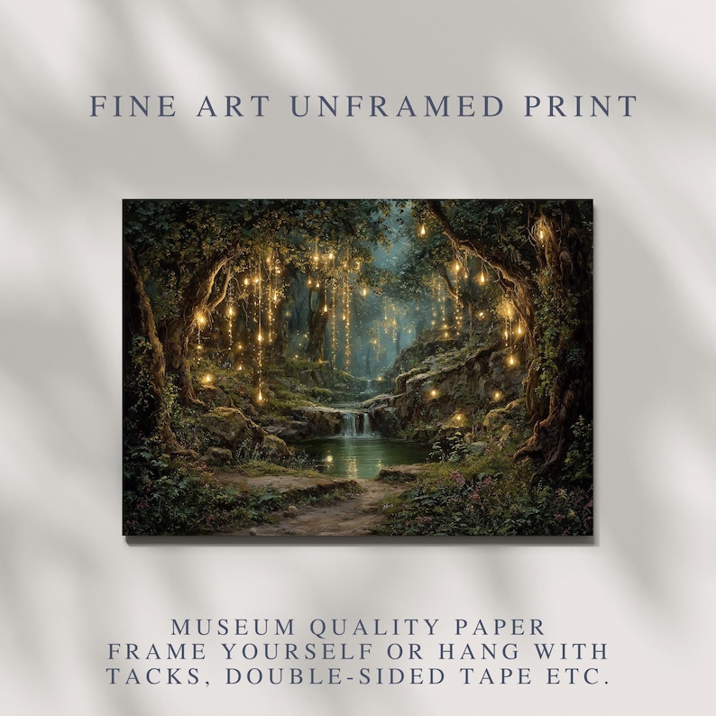 Puede incluir: Impresi&oacute;n art&iacute;stica sin marco que representa una escena de bosque con una cascada y luces brillantes. La obra presenta un camino y vegetaci&oacute;n exuberante. El texto "FINE ART UNFRAMED PRINT" est&aacute; en la parte superior. Papel de calidad de museo.