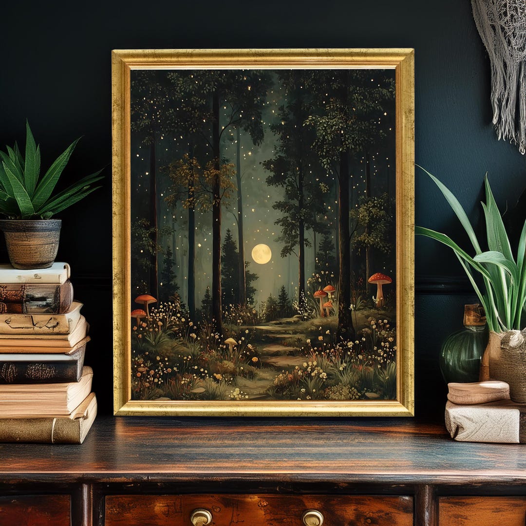 Moonlit Forest Path Art Print, Whimsical Woodland Wall Decor With ...
