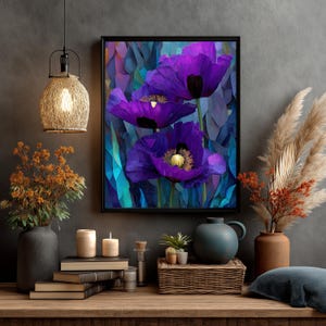 May include: A framed art print featuring three vibrant purple poppy flowers with yellow centers against a mosaic-style background of blues and purples. The artwork is displayed on a wooden shelf with decorative items.