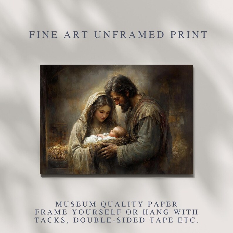 May include: Fine art print depicting a religious scene. The image shows a man and woman gazing at a baby in a manger. The print is labeled "Fine Art Unframed Print" and "Museum Quality Paper."