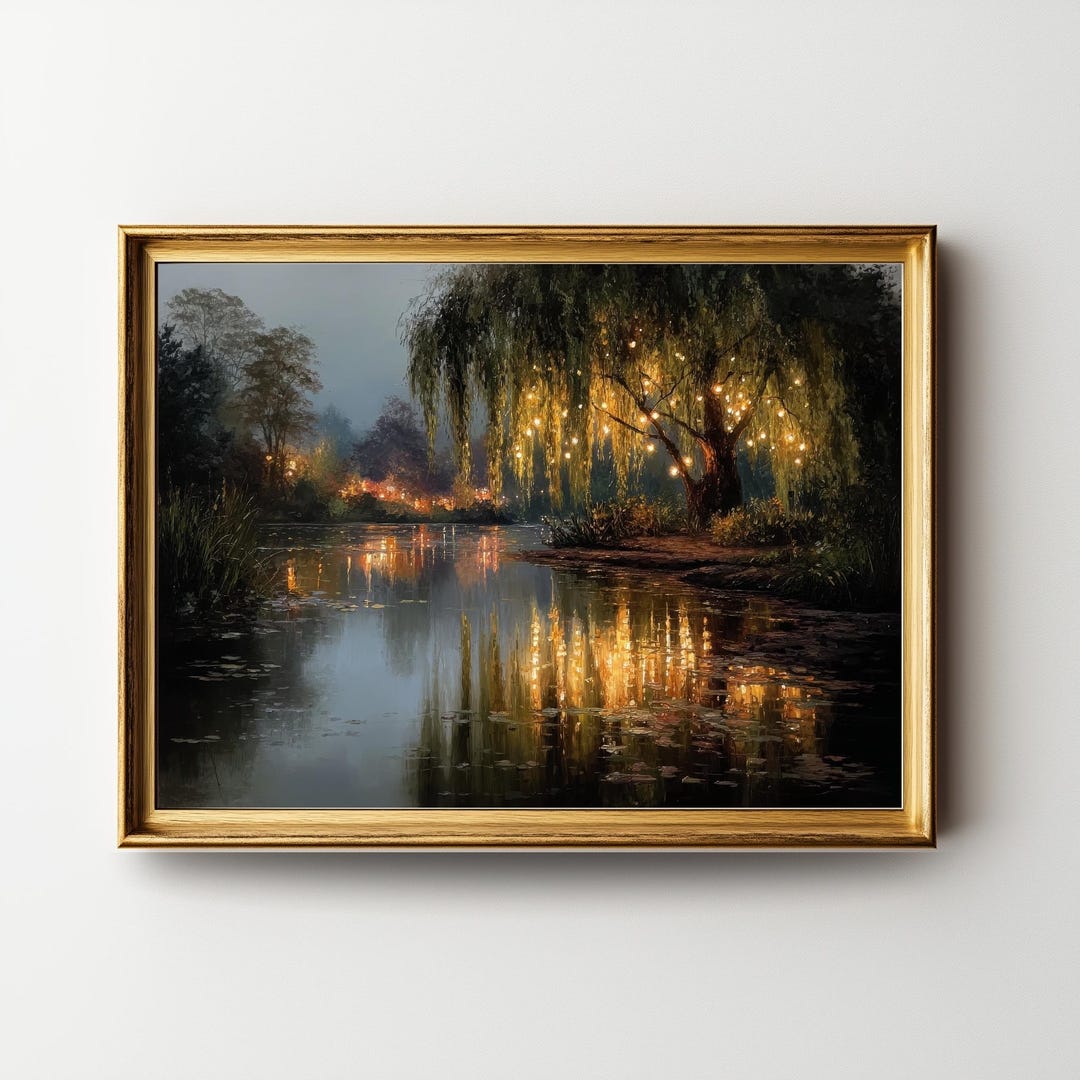 Magical Willow Tree Fairy Lights Art Print, Enchanted Lake Reflection ...