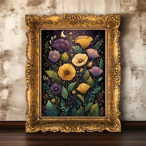 Celestial Wildflower Art Print, Dreamy Night Garden with Moon & Stars, Whimsical Floral Wall Art, Botanical Fantasy Illustration Gift Art