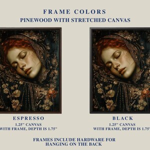 May include: Two framed canvas prints featuring a Renaissance-style portrait of a woman with red hair. The frames are available in espresso and black, with a 1.25-inch canvas and a depth of 1.75 inches. The text at the top reads "FRAME COLORS PINEWOOD WITH STRETCHED CANVAS."
