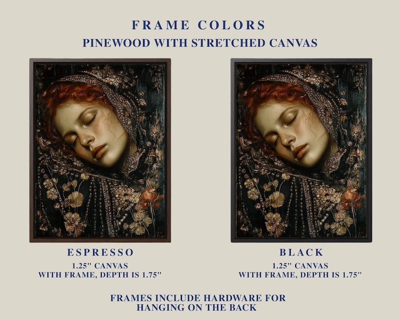 May include: Two framed canvas prints featuring a Renaissance-style portrait of a woman with red hair. The frames are available in espresso and black, with a 1.25-inch canvas and a depth of 1.75 inches. The text at the top reads "FRAME COLORS PINEWOOD WITH STRETCHED CANVAS."