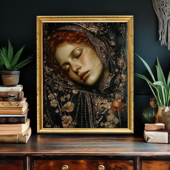 Dreamer in Shawl, Vintage Floral Portrait Print Sleeping Woman, Dark Romantic Art, Baroque Style Wall Decor, Moody Atmospheric Dreamy Canvas