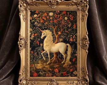 May include: A rectangular wall art piece featuring a white unicorn standing in a garden with red and white flowers and a tree, enclosed in an ornate, metallic gold frame with intricate scrollwork and shell-like decorative details at the corners.