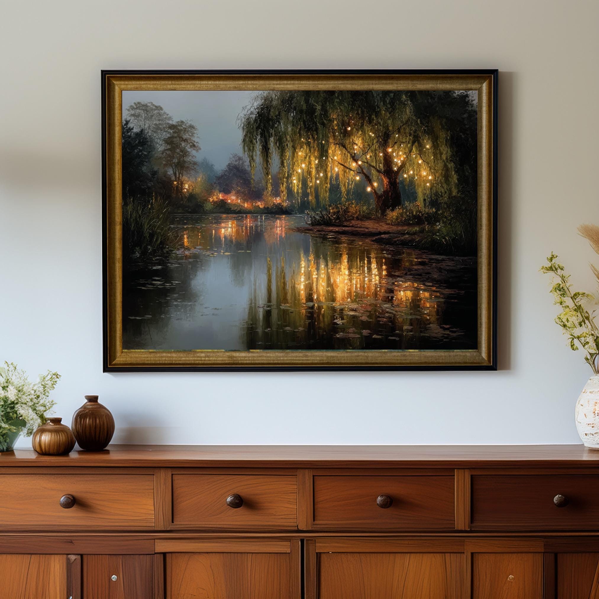 Magical Willow Tree Fairy Lights Art Print, Enchanted Lake Reflection ...