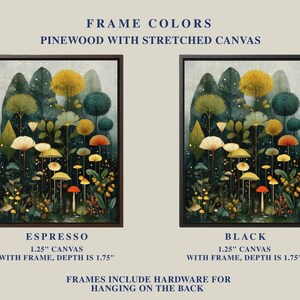 May include: Two framed canvas art prints featuring a whimsical forest scene with colourful mushrooms and trees. One frame is espresso-coloured, the other black. The text reads "Frame Colours" and "Pinewood with Stretched Canvas."