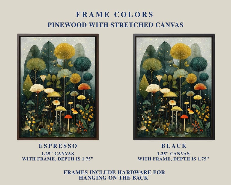 May include: Two framed canvas art prints featuring a whimsical forest scene with colourful mushrooms and trees. One frame is espresso-coloured, the other black. The text reads "Frame Colours" and "Pinewood with Stretched Canvas."