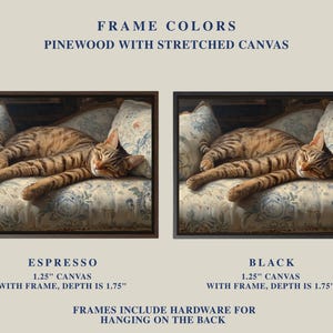 May include: Two framed canvas prints of a sleeping tabby cat on a floral patterned armchair. One frame is espresso-colored, the other black. The text reads "Frame Colors" and "Pinewood with Stretched Canvas". Each canvas is 1.25" with a 1.75" depth.