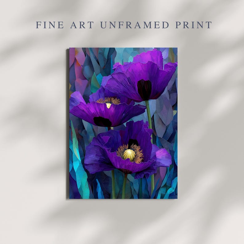 May include: Fine art print featuring three vibrant purple poppy flowers with yellow centers against a backdrop of blue and teal geometric shapes. The print is unframed, ready for display.