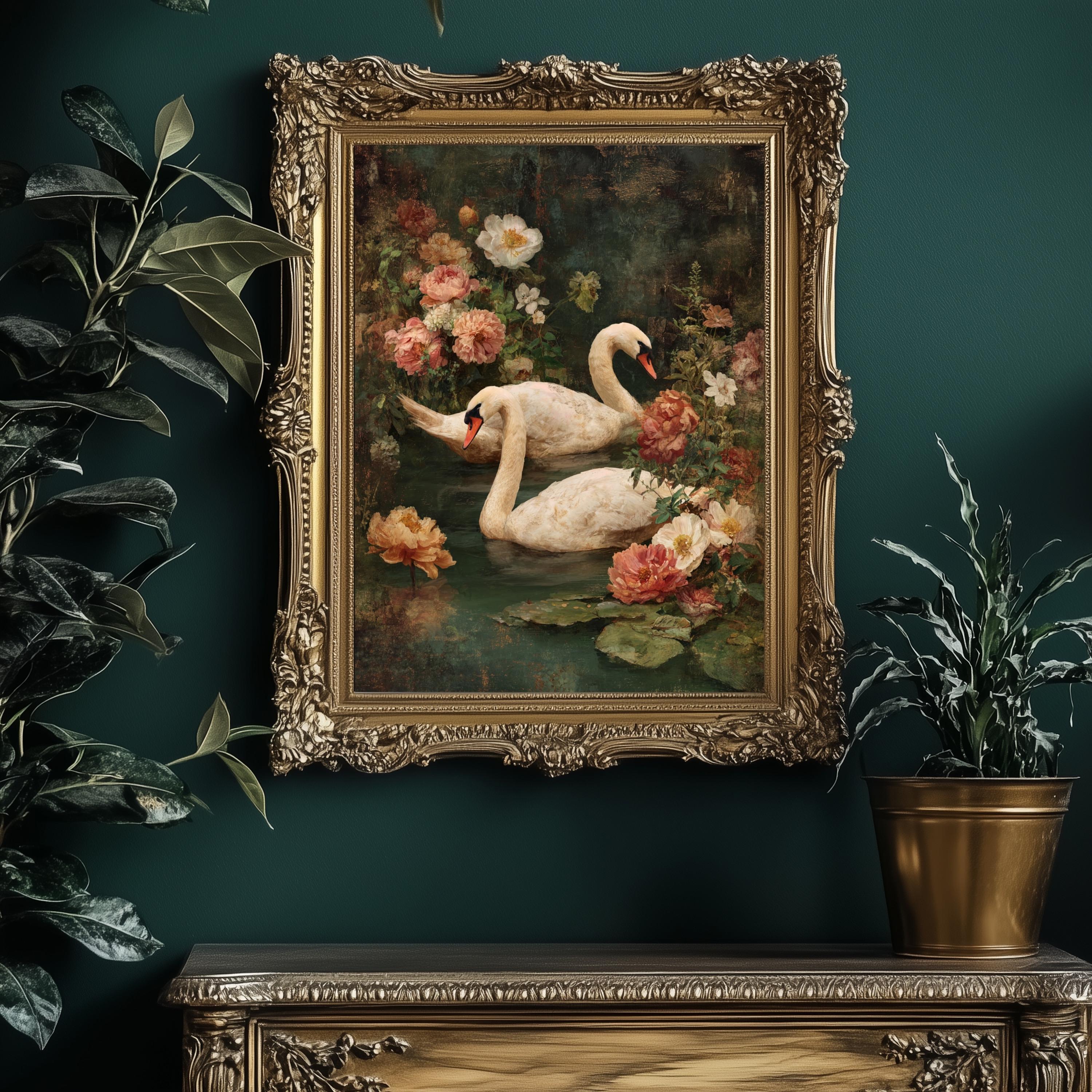 Engween Art Romantic Swan Couple Art Print, Cottagecore Lake Painting, Vintage ...
