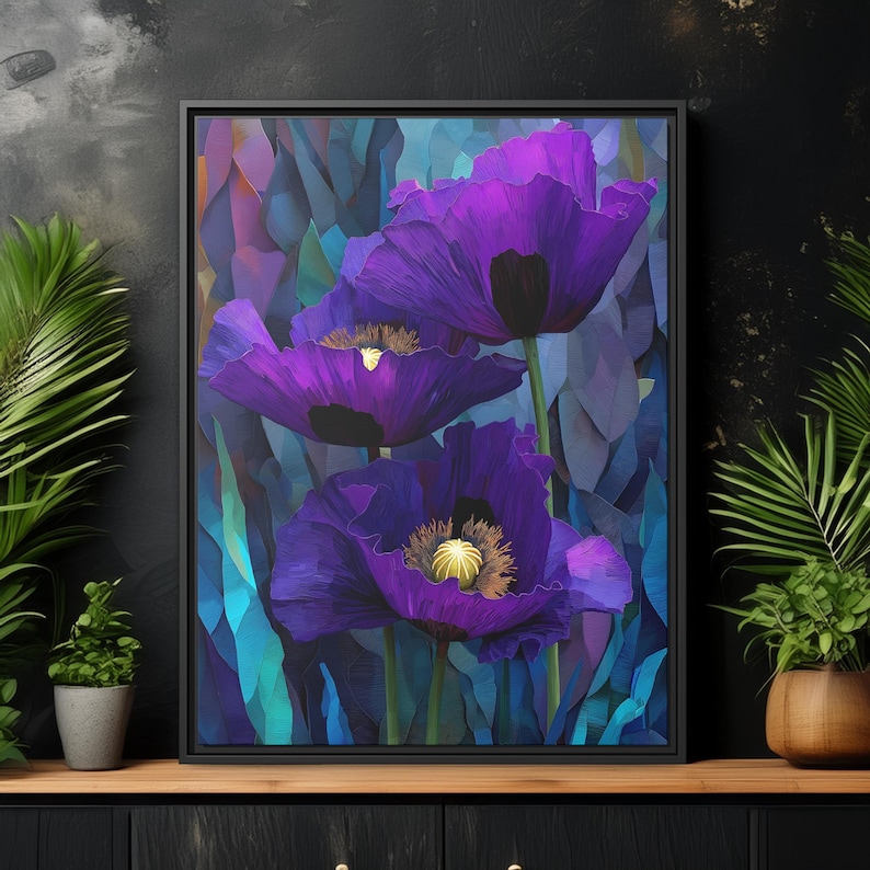 May include: A framed canvas art print featuring three large, vibrant purple poppy flowers with dark centers and yellow stamens. The background has a mosaic of blue, teal, and purple hues. The artwork is displayed on a wooden surface.