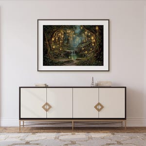 Puede incluir: Una impresi&oacute;n art&iacute;stica enmarcada representa una escena de bosque m&iacute;stico con una cascada y un estanque. La obra de arte presenta una paleta de colores oscuros con luces c&aacute;lidas y brillantes que cuelgan de los &aacute;rboles, creando una atm&oacute;sfera m&aacute;gica. La impresi&oacute;n se exhibe sobre un mueble blanco.