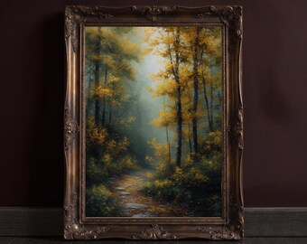 Lámina decorativa de un sendero otoñal en un bosque con niebla – Decoración mística de la naturaleza del bosque, pintura de paisaje otoñal.